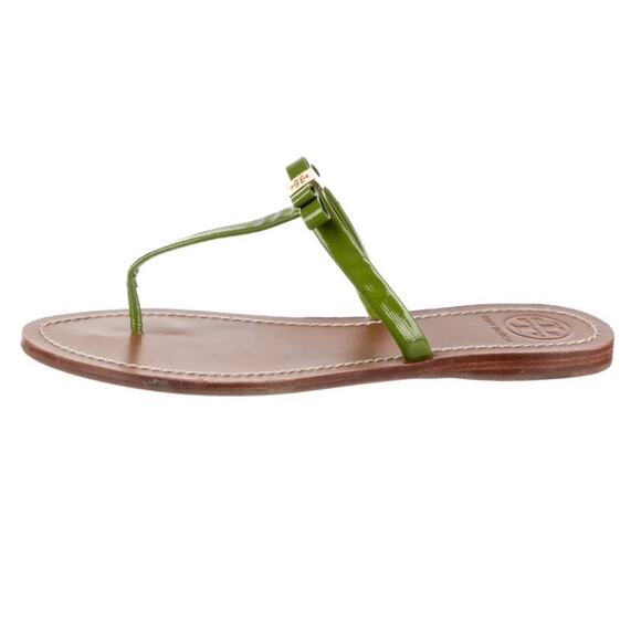 Tory Burch Shoes - Tory Burch Green Patent Leather Bow T-Strap Flat Sandals 10